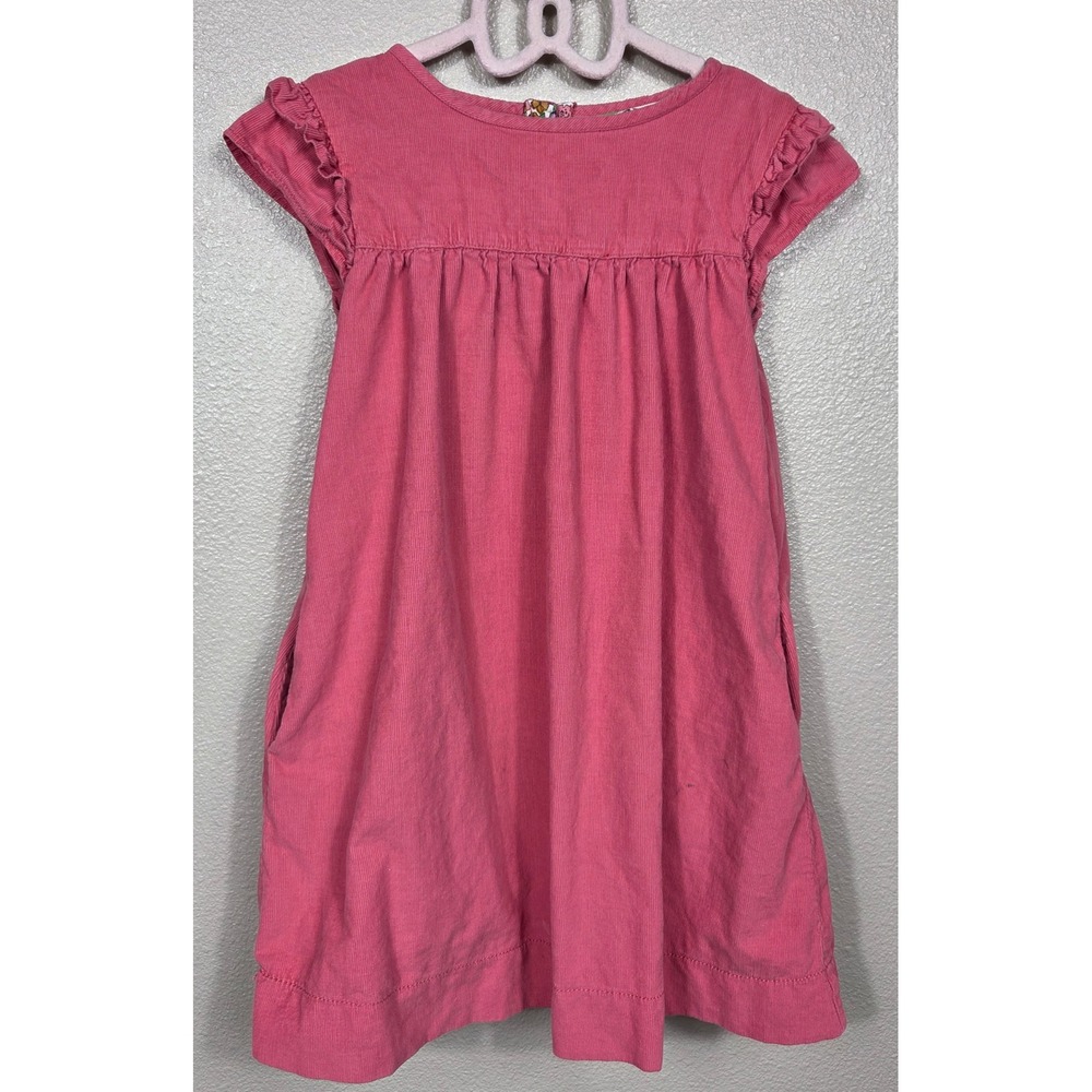 Mini Boden Girls Pink Corduroy Dress 6-7Y Ruffle Sleeve Pockets Cotton